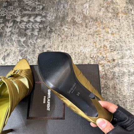 YSL 26S HEELED SANDALS 100 MM IN OLIVE GREEN FABRIC