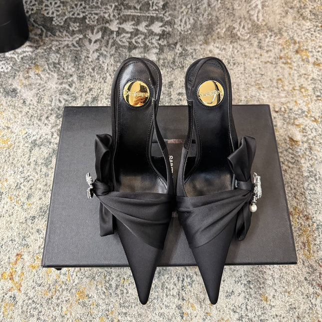 YSL 26S HEELED SLINGBACKS 100 MM IN BLACK SILK
