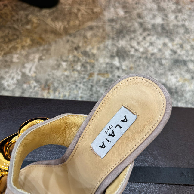 ALAIA 26S DOUBLE STRAP WEDGE SANDALS 110 MM IN BEIGE SUEDE WITH GOLD HARDWARE