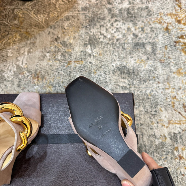 ALAIA 26S DOUBLE STRAP WEDGE SANDALS 110 MM IN BEIGE SUEDE WITH GOLD HARDWARE