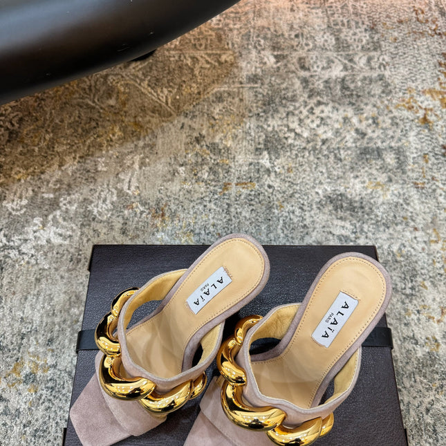 ALAIA 26S DOUBLE STRAP WEDGE SANDALS 110 MM IN BEIGE SUEDE WITH GOLD HARDWARE