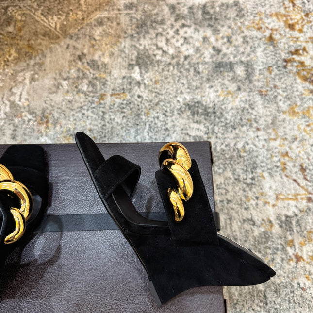 ALAIA 26S DOUBLE STRAP WEDGE SANDALS 110 MM IN BLACK SUEDE WITH GOLD HARDWARE