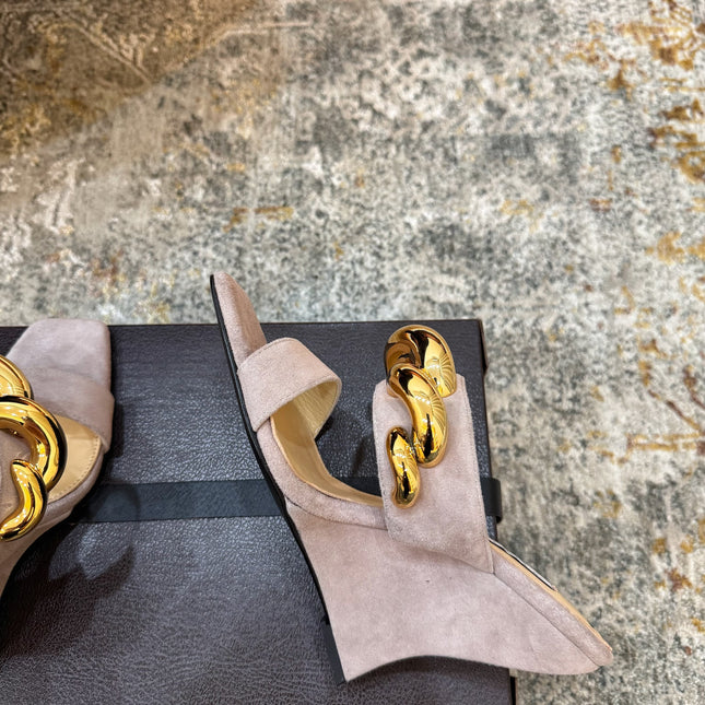 ALAIA 26S DOUBLE STRAP WEDGE SANDALS 110 MM IN BEIGE SUEDE WITH GOLD HARDWARE