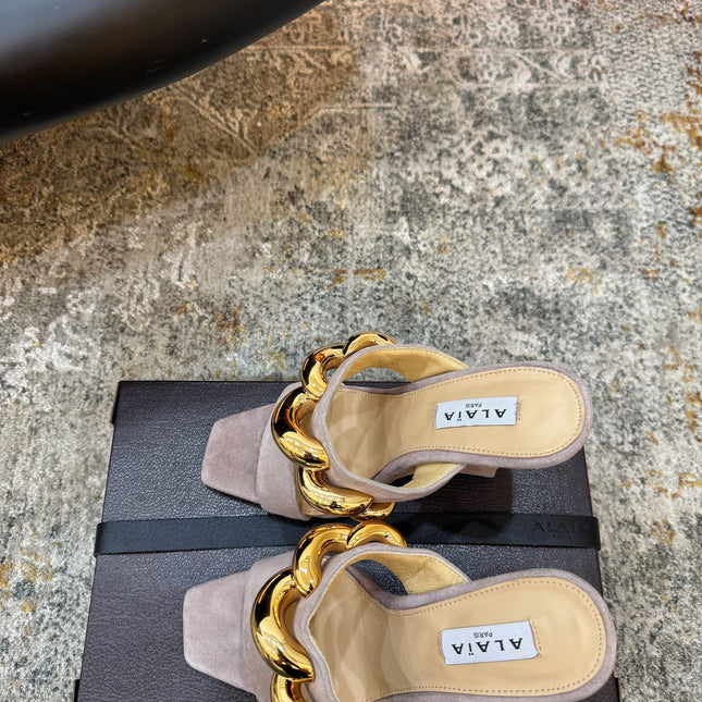 ALAIA 26S DOUBLE STRAP WEDGE SANDALS 110 MM IN BEIGE SUEDE WITH GOLD HARDWARE