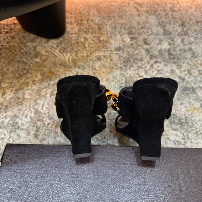 ALAIA 26S DOUBLE STRAP WEDGE SANDALS 110 MM IN BLACK SUEDE WITH GOLD HARDWARE