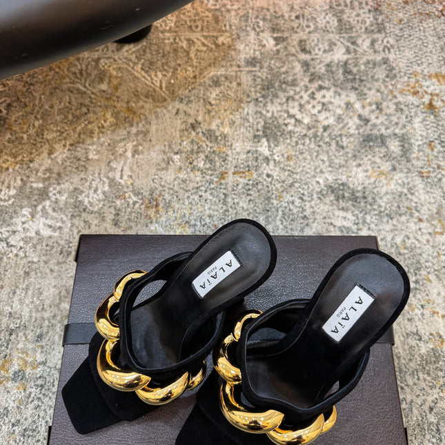 ALAIA 26S DOUBLE STRAP WEDGE SANDALS 110 MM IN BLACK SUEDE WITH GOLD HARDWARE