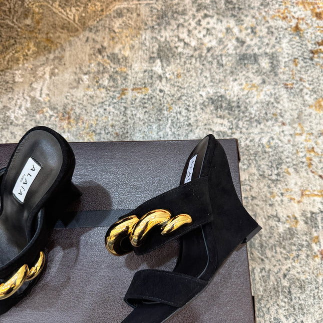 ALAIA 26S DOUBLE STRAP WEDGE SANDALS 110 MM IN BLACK SUEDE WITH GOLD HARDWARE