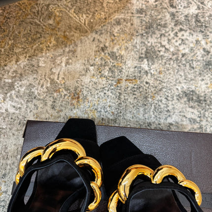 ALAIA 26S DOUBLE STRAP WEDGE SANDALS 110 MM IN BLACK SUEDE WITH GOLD HARDWARE