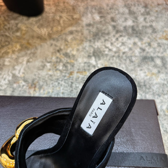 ALAIA 26S DOUBLE STRAP WEDGE SANDALS 110 MM IN BLACK SUEDE WITH GOLD HARDWARE