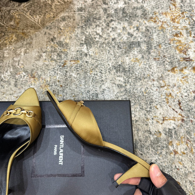 YSL 26S POINTED TOE HIGH HEEL SANDALS 65 MM IN OLIVE GREEN FABRIC