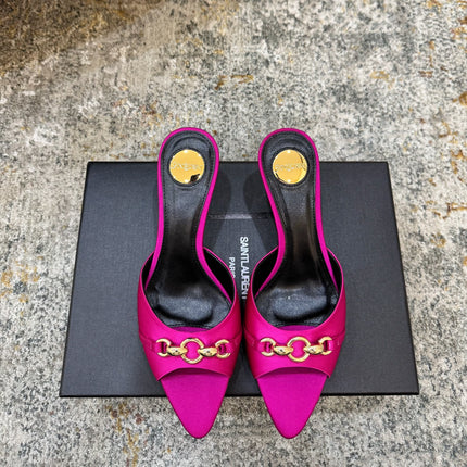 YSL 26S POINTED TOE HIGH HEEL SANDALS 65 MM IN DARK PINK FABRIC