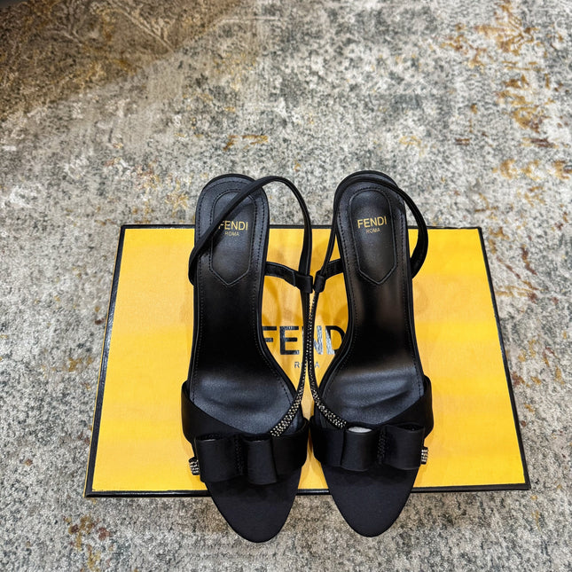 FENDI 26S HIGH-HEELED SANDALS 75 MM IN BLACK SATIN