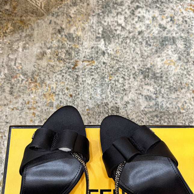 FENDI 26S HIGH-HEELED SANDALS 75 MM IN BLACK SATIN