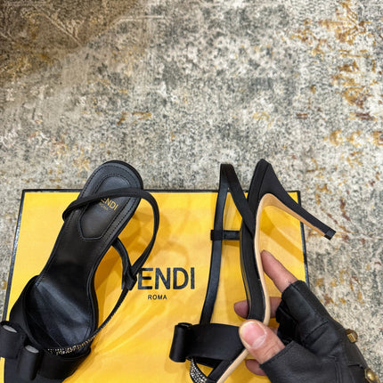 FENDI 26S HIGH-HEELED SANDALS 75 MM IN BLACK SATIN