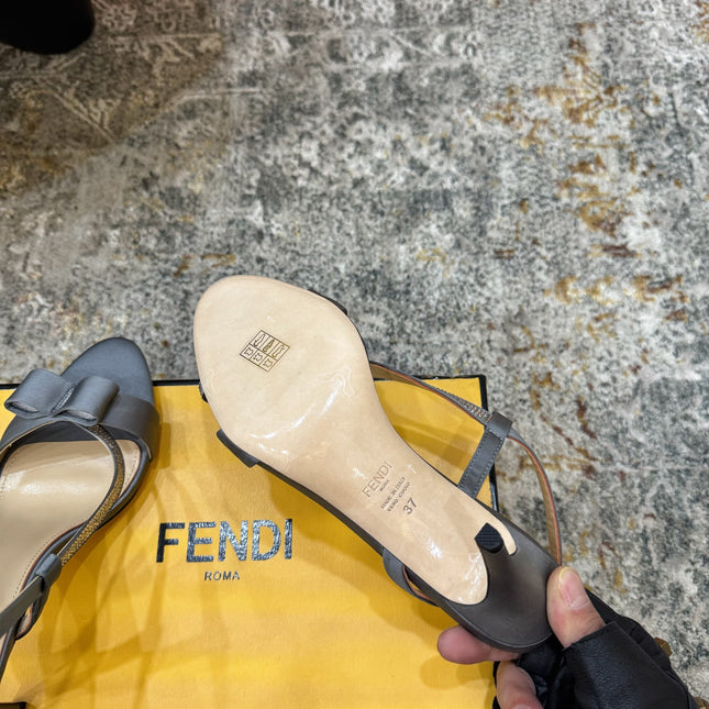 FENDI 26S HIGH-HEELED SANDALS 75 MM IN GREY SATIN