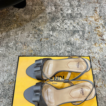 FENDI 26S HIGH-HEELED SANDALS 75 MM IN GREY SATIN