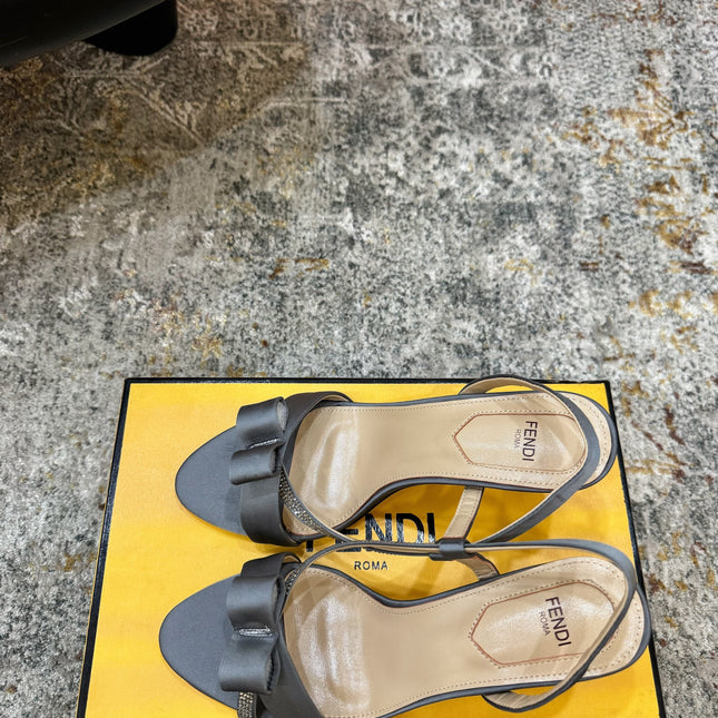 FENDI 26S HIGH-HEELED SANDALS 75 MM IN GREY SATIN