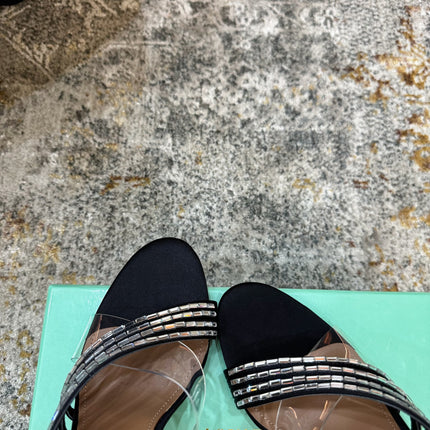 AQUAZZURA 26S CRYSTAL MULES 90 MM IN BLACK SATIN