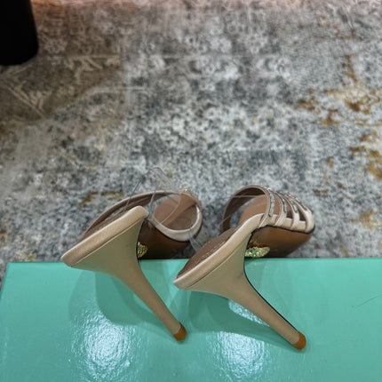 AQUAZZURA 26S CRYSTAL MULES 90 MM IN BEIGE SATIN