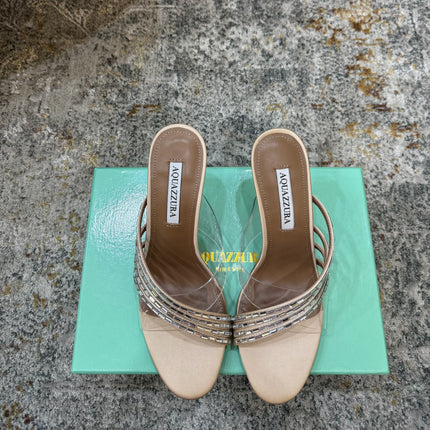 AQUAZZURA 26S CRYSTAL MULES 90 MM IN BEIGE SATIN