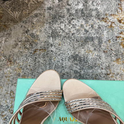 AQUAZZURA 26S CRYSTAL MULES 90 MM IN BEIGE SATIN