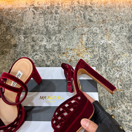 AQUAZZURA 26S HIGH-HEEL SANDALS 130 MM IN DARK RED VELVET