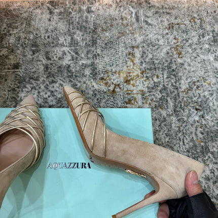 AQUAZZURA 26S BELGRAVIA PUMPS 100 MM IN GOLD AND BEIGE SUEDE