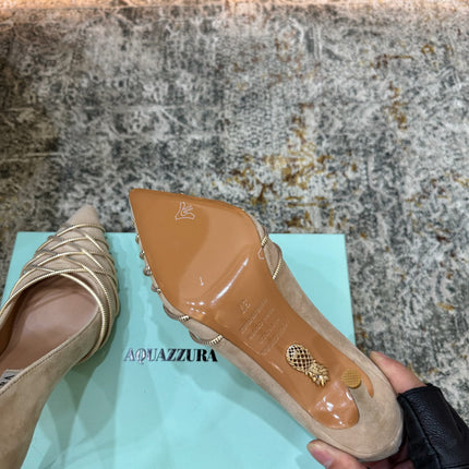 AQUAZZURA 26S BELGRAVIA PUMPS 100 MM IN GOLD AND BEIGE SUEDE