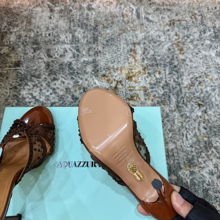 AQUAZZURA 26S HIGH-HEEL SANDALS 105 MM IN BROWN PATENT CALFSKIN AND MESH