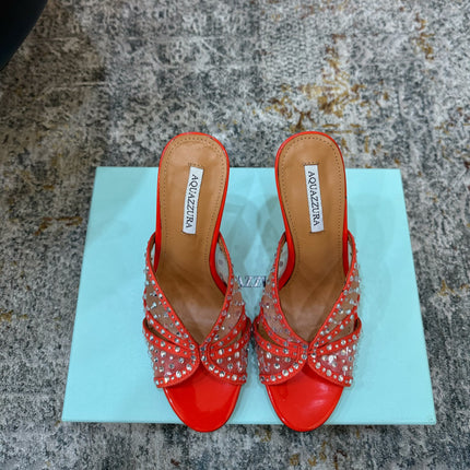 AQUAZZURA 26S HIGH-HEEL SANDALS 105 MM IN RED PATENT CALFSKIN AND MESH
