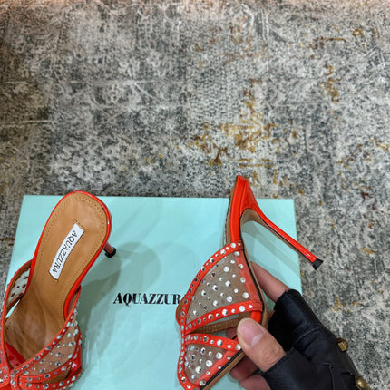 AQUAZZURA 26S HIGH-HEEL SANDALS 105 MM IN RED PATENT CALFSKIN AND MESH
