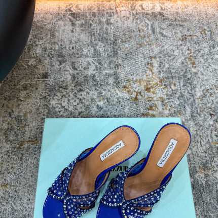 AQUAZZURA 26S HIGH-HEEL SANDALS 105 MM IN NAVY BLUE PATENT CALFSKIN AND MESH