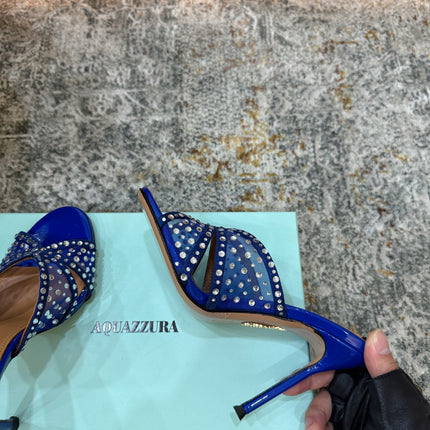 AQUAZZURA 26S HIGH-HEEL SANDALS 105 MM IN NAVY BLUE PATENT CALFSKIN AND MESH