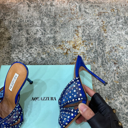 AQUAZZURA 26S HIGH-HEEL SANDALS 105 MM IN NAVY BLUE PATENT CALFSKIN AND MESH