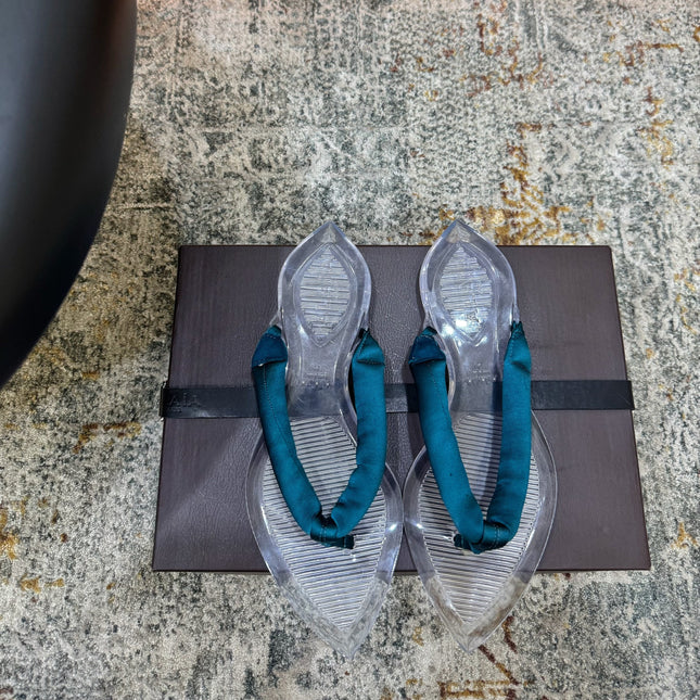 ALAIA 26S THONG SANDALS IN TEAL BLUE SATIN AND TRANSPARENT PVC
