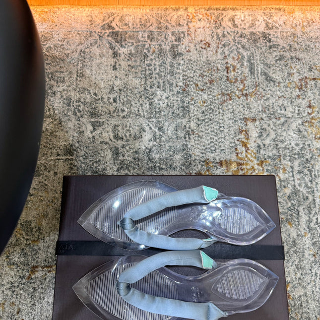 ALAIA 26S THONG SANDALS IN PASTEL BLUE SATIN AND TRANSPARENT PVC