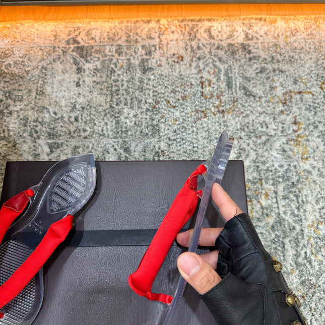 ALAIA 26S THONG SANDALS IN RED SATIN AND TRANSPARENT PVC