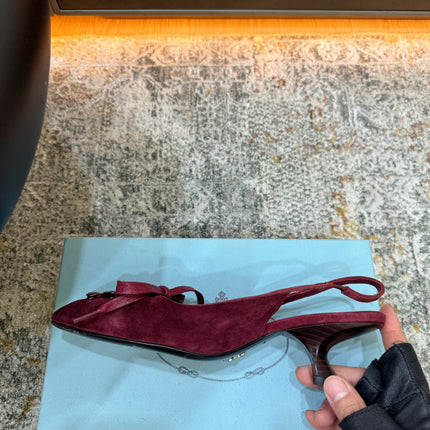 PRADA 26S POINTED TOE LACE UP SLINGBACK PUMPS 55MM IN BURGUNDY RED SUEDE