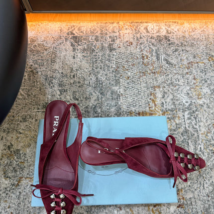 PRADA 26S POINTED TOE LACE UP SLINGBACK PUMPS 55MM IN BURGUNDY RED SUEDE