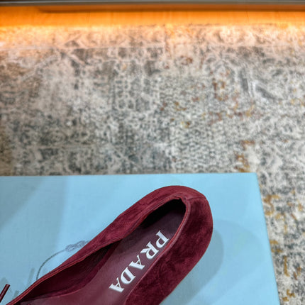 PRADA 26S POINTED TOE LACE UP STUDDED PUMPS 55MM IN BURGUNDY RED SUEDE