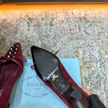 PRADA 26S POINTED TOE LACE UP STUDDED PUMPS 55MM IN BURGUNDY RED SUEDE