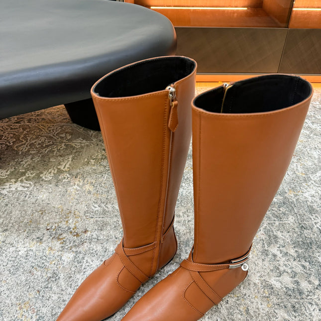 HM 26S FLAT KNEE-HIGH BOOTS IN COGNAC BROWN CALFSKIN 