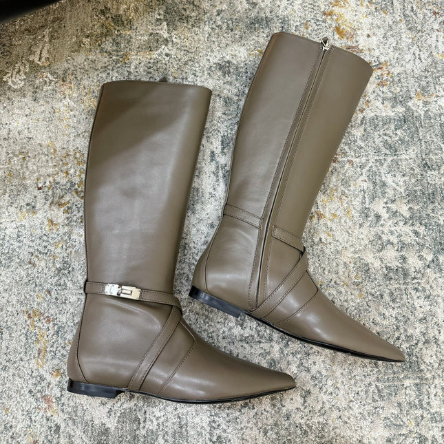 HM 26S FLAT KNEE-HIGH BOOTS IN KHAKI GREY CALFSKIN