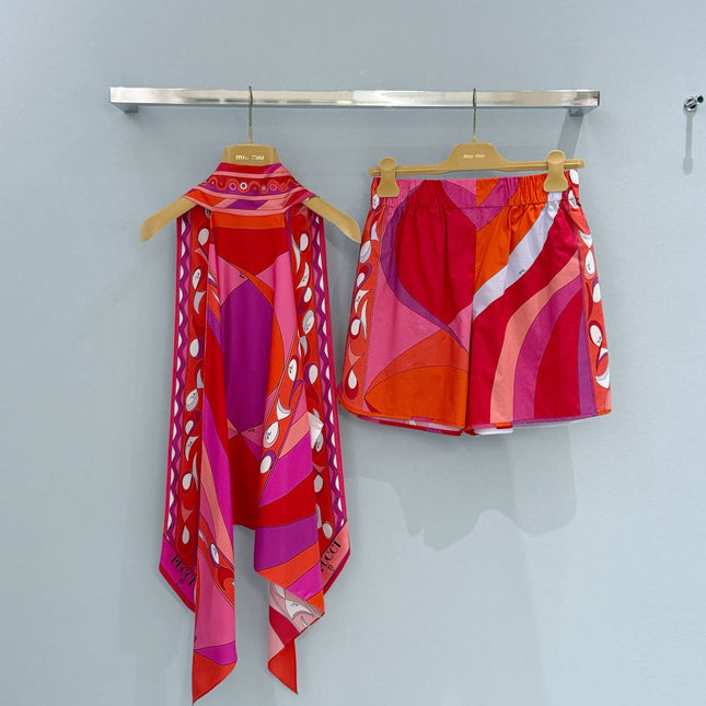 PUCCI 26S SCARF TOP IN PINK AND RED PRINTED SILK