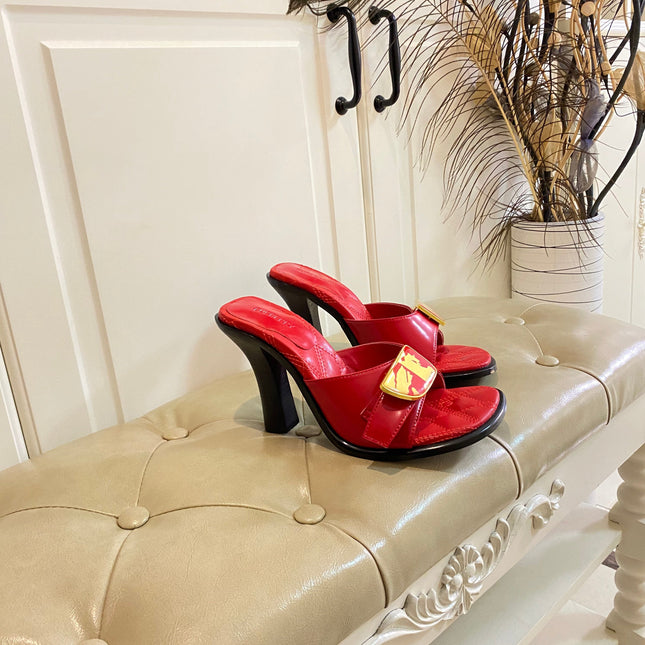 BURBERRY 26S HEELED SANDALS 100 MM IN RED CALFSKIN