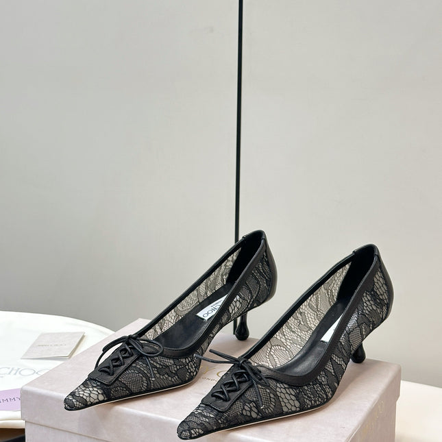 JIMMY CHOO 26S LACE-UP HEELS IN BLACK LACE AND LAMBSKIN