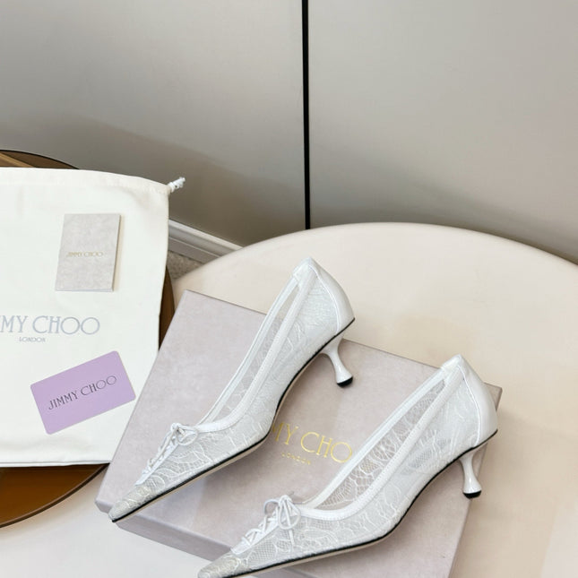 JIMMY CHOO 26S LACE-UP HEELS IN WHITE LACE AND LAMBSKIN