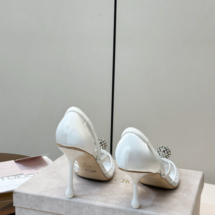 JIMMY CHOO 26S POINTED-TOE HIGH HEELS IN WHITE CRYSTAL EMBELLISHMENT