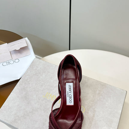 JIMMY CHOO 26S POINTED-TOE HIGH HEELS IN DARK RED CRYSTAL EMBELLISHMENT