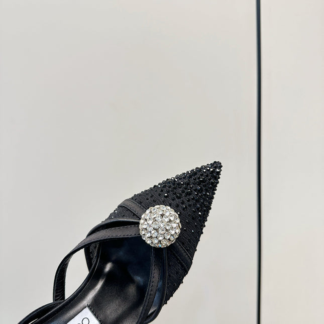 JIMMY CHOO 26S POINTED-TOE HIGH HEELS IN BLACK CRYSTAL EMBELLISHMENT